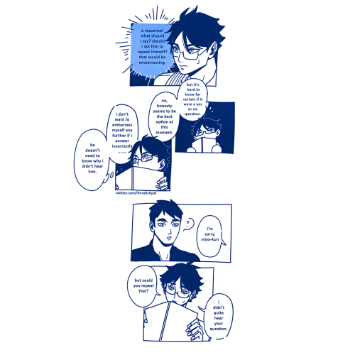 biyachi:fiendishpal:osaaka (5/?)they bump into each other again and akaashi overthinks[ID: Three pag