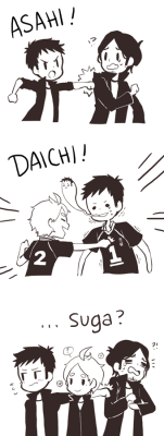 electricprince:  Karasuno third years’ power balance:daichi can punch asahisuga can punch daichino one can touch suga 