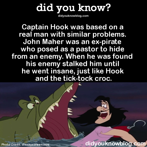 did-you-kno:  Captain Hook was based on a real man with similar problems. John Maher was an ex-pirate who posed as a pastor to hide from an enemy. When he was found his enemy stalked him until he went insane, just like Hook and the tick-tock croc. Source