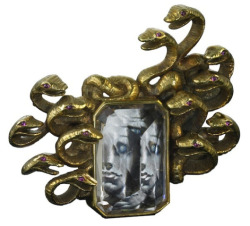 cgmfindings:  “Medusa” brooch of gold, morganite, ruby and miniature painting by Salvador Dali, 1941