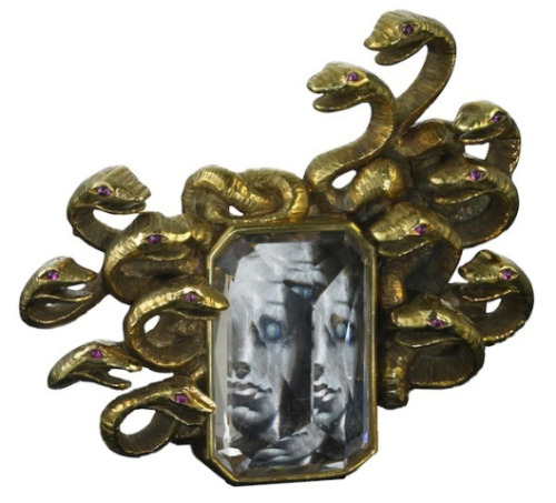 cgmfindings:“Medusa” brooch of gold, morganite, ruby and miniature painting by Salvador Dali, 1941