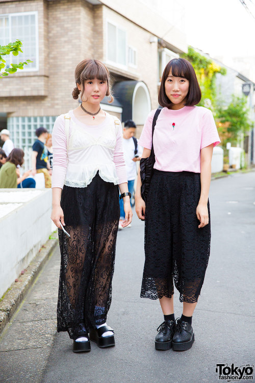 Japanese students Koharu and Ayaka on the street in Harajuku wearing black lace pants along with ite