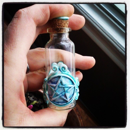 Polymerclay on a bottle… Trying a little crafting experiment.  Available in my etsy shop soon, www.W