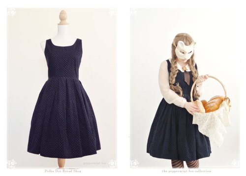 A neatly pleated, cotton corduroy dress in cute, polka-dotted navy,  Polka Dot Bread Shop features a