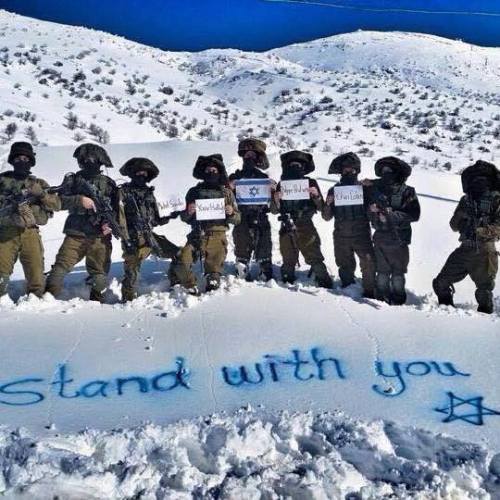 eretzyisrael:  IDF soldiers pose for photo: “We stand with Jews of France” via: @IsraelB