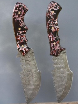 dabbertcustomblades: Coral in resin scales attached with brass Corby bolts on damascus steel blades. Available at etsy.com/shop/dabbertcustomblades