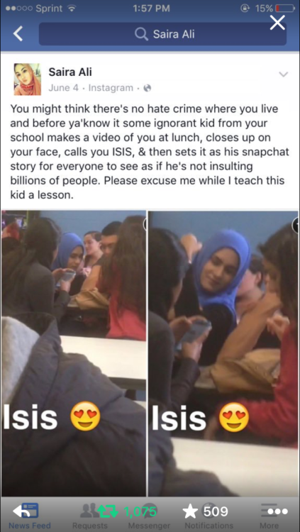addicted–to-healthy:  birdyally:  crucialnudes:  sourpatchsocrates:  I just saw this on Twitter. This happened in my township. This is ridiculous. Someone snapchatted this girl and called her Isis because of what she was wearing and the school district