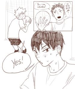 ohmilk: Anonymous asked milkbois: “If you still need ideas maybe a picture with Kageyama and Hinata stretching after practice and Kageyama gets flustered because Hinata is really flexible so he gets dirty thoughts?”