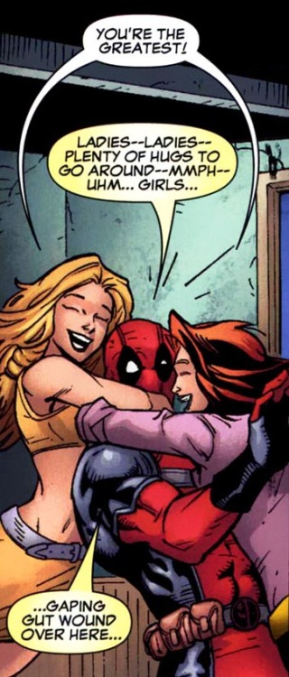 ilaney:      You’re the greatest!   This needs to happen just a tiny bit more often. (The hugs I mean, not the kidnapping of friends followed by gaping gut wounds.) [Cable & Deadpool 39]  