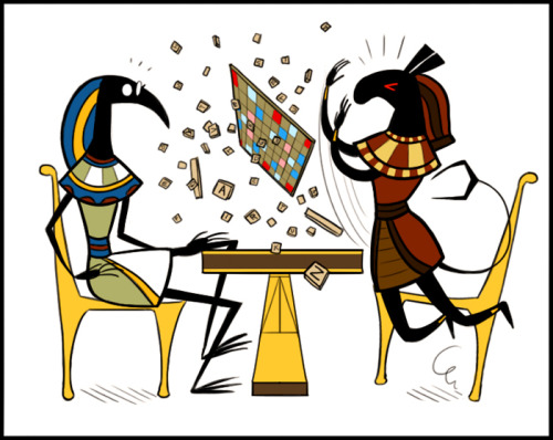 repost-this-image:  inonibird:  Stick-gods ~ Game Night  Set, why are you even playing Scrabble with Thoth?  He’s the god of writing.  He pretty much invented the written word.