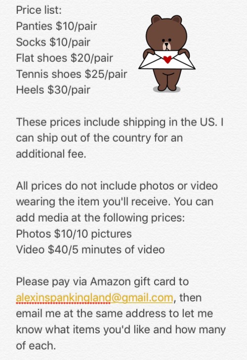 Information about my used item clear out sale! To be clear, the picture and video rates included are for photos or videos of me wearing or masturbating in the item you buy and are not a custom video/photo set rate.  Also I cannot do special requests on