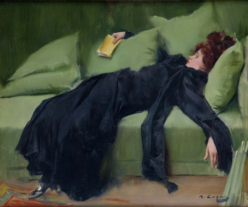 mildlydiscouraging:Art + Chilling on a Green Sofa“He is lounging on the olive green velvet sofa with