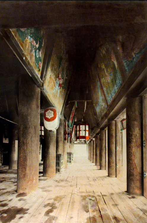 Inside KiyomizuTemple, Kyoto, Japan.   Hand-colored photo, about 1880.   Photography by ookami_dou o