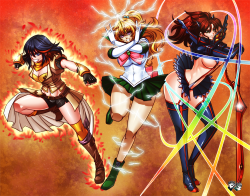 jadenkaiba:    “3 Characters, One Voice ” Commission for Ancientblades15 of DeviantartRyuko Matoi - Kill la Kill in Yang’s OutfitYang Xiao Long - RWBY in Sailor Jupiter’s OutfitMakoto Kino/Sailor Jupiter - Sailor Moon  in Ryuko’s SenketsuThey