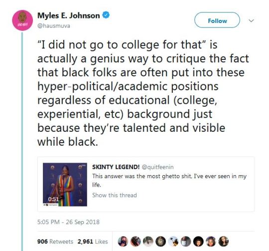 erikkillmongerdontpullout:  jehovahhthickness:   wakandamama:   reyra-shidiqi:  blackqueerblog:    “That’s not my job. That’s somebody else’s job.” QUEEN   But I won   ^^^^^   And then if she gave a “dumb” answer people would have called
