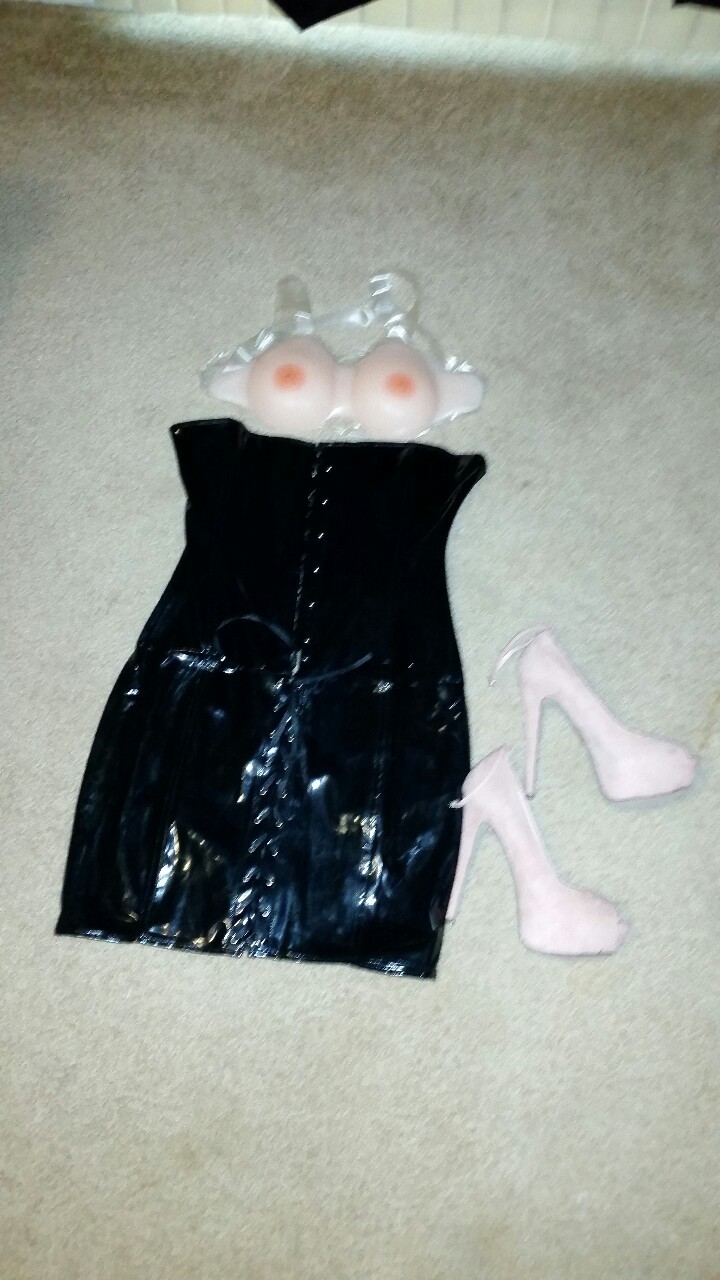 Slutty shoes , corset dress an c cup breast forms just came in.   I&rsquo;m truly