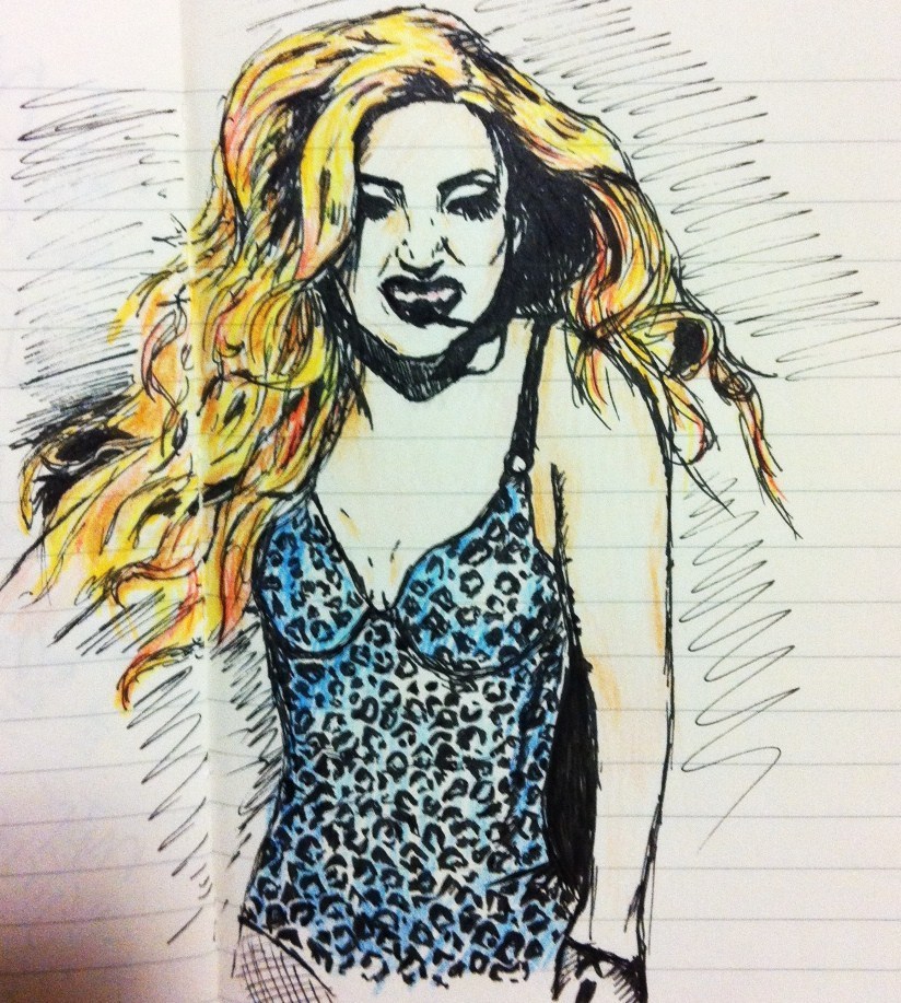 notjustinkandpaper:  Super Gaga  Ink and colored pencil on Moleskine. 
