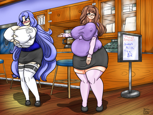 anubis2pabon288:  Here’s a little something I drew for  as thanks for an awesome pic of Miruku he drew. Here we have his gal Jyazue presenting the special of the day in her coffee shop, supplied by a very embarrassed, very full Miruku. Haha ( l 3 l)
