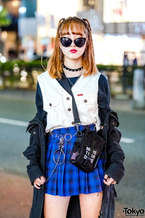 tokyo-fashion:  15-year-old Maria and 14-year-old Sachie on the street in Harajuku wearing trendy styles including a Moussy parka, Spinns plaid skirt, Faith Tokyo camisole, Bubbles Harajuku boots, and Moschino backpack. Full Looks