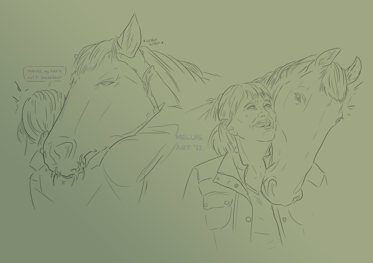 Some more of Gillian and this darn Horse. He nibbles her hair when he’s content or wants her attention. Gillian pretends to be annoyed by this and complains loads about it, but she’ll often let him anyway. #gillian greenwood#harold greenwood #yes the horse has a tag hush  #last tango in halifax #ltih#meluisart
