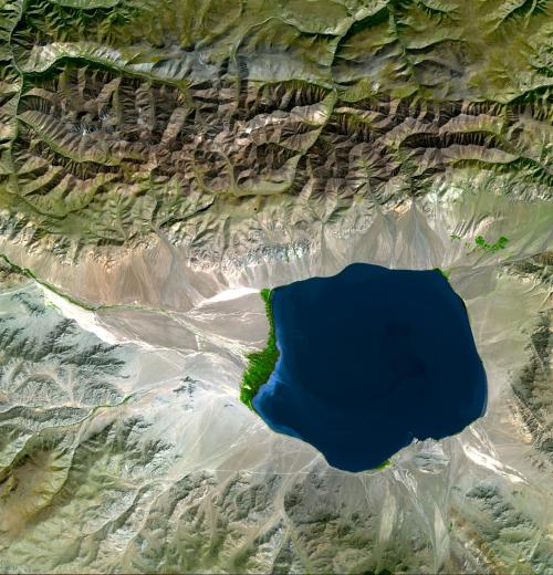 Satellite image of the Mongolian salt lake Uvs Nuur. As you can see, the lake is at the bottom of a 