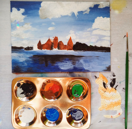 Work in progress, Trakai Castle in acrylics