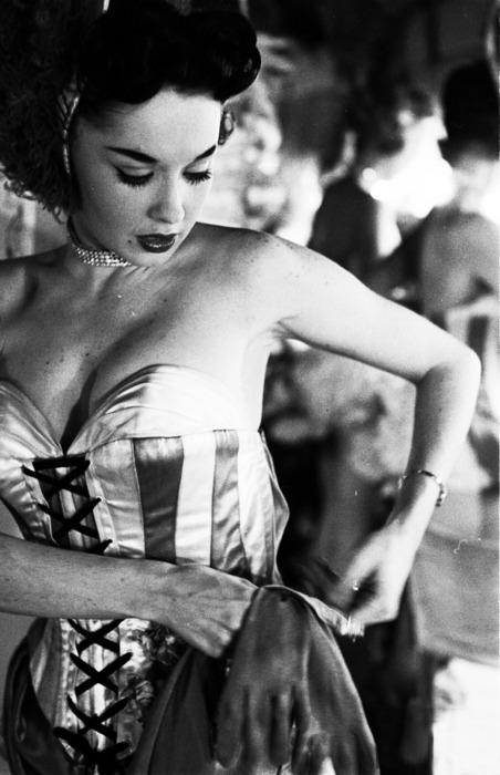 enigmaticaly: Beautiful Las Vegas showgirl Dale Strong backstage, 1950s.