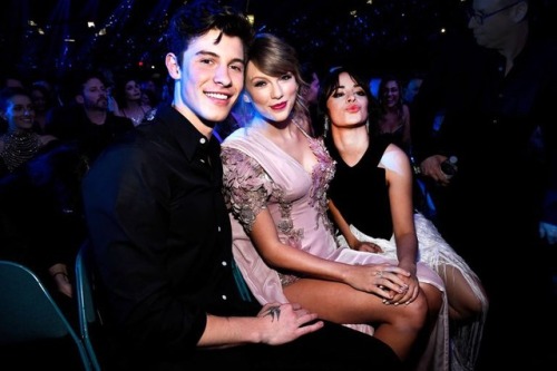 Shawn Mendes and Camila Cabello are seated with surprise guest Taylor Swift at the 2018 Billboard Mu