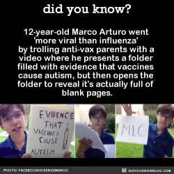 eammod:did-you-kno:12-year-old Marco Arturo went  ‘more viral than influenza’  by trolling anti-vax parents with a  video where he presents a folder  filled with evidence that vaccines  cause autism, but then opens the  folder to reveal it’s actually