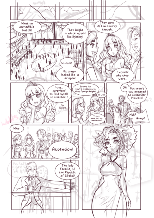 Here’s a little preview of my next comic project with Slipshine, The Gallant PaladinThe lovely knight, Estelle, competes in a tournament for the hand of Princess Rosalyn in marriage… and try to save Rosalyn from an unhappy marriage with Chrisander,