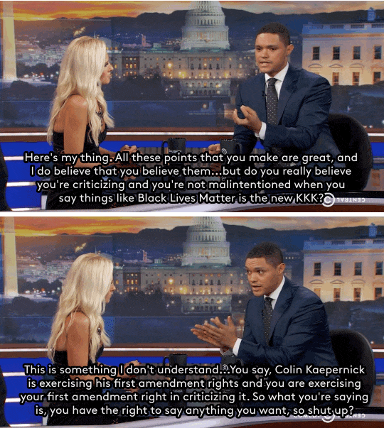 refinery29: Watch: Trevor Noah asked conservative host Tomi Lahren how Black people in the USA *should* air their grievances and she couldn’t come up with anything Trevor Noah just conducted one of his most impressive interviews to date, with one of