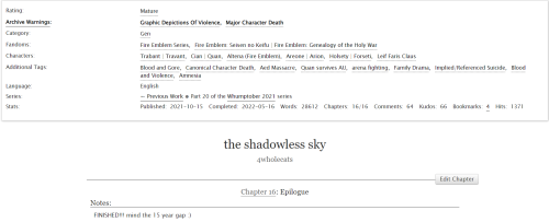 The Shadowless Sky is finished! I hope you all enjoy the ending!