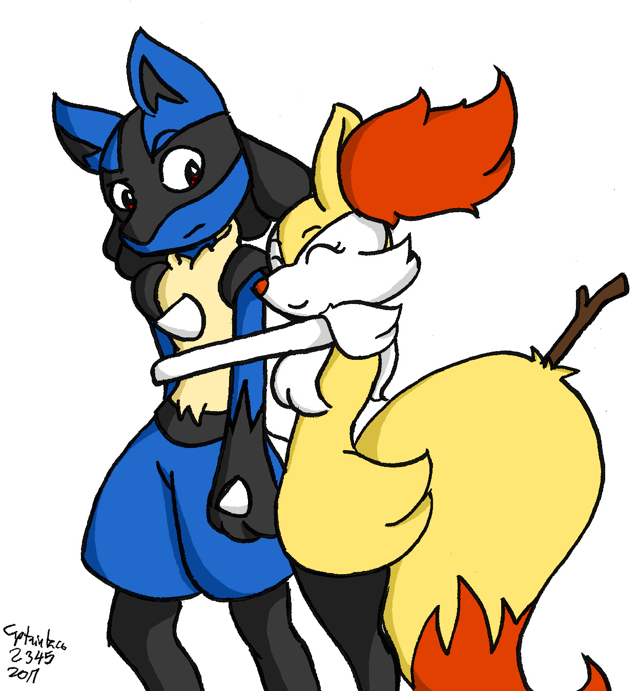 My Braixen, Ginger, hanging out with her big brother Lucario, Joshua. Apparently