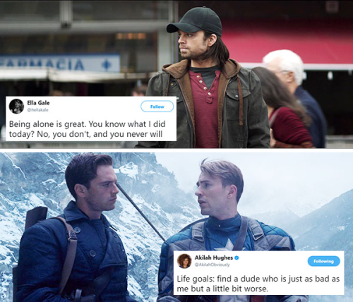 livebloggingmydescentintomadness:Bucky Barnes tweet meme, part two (part one)