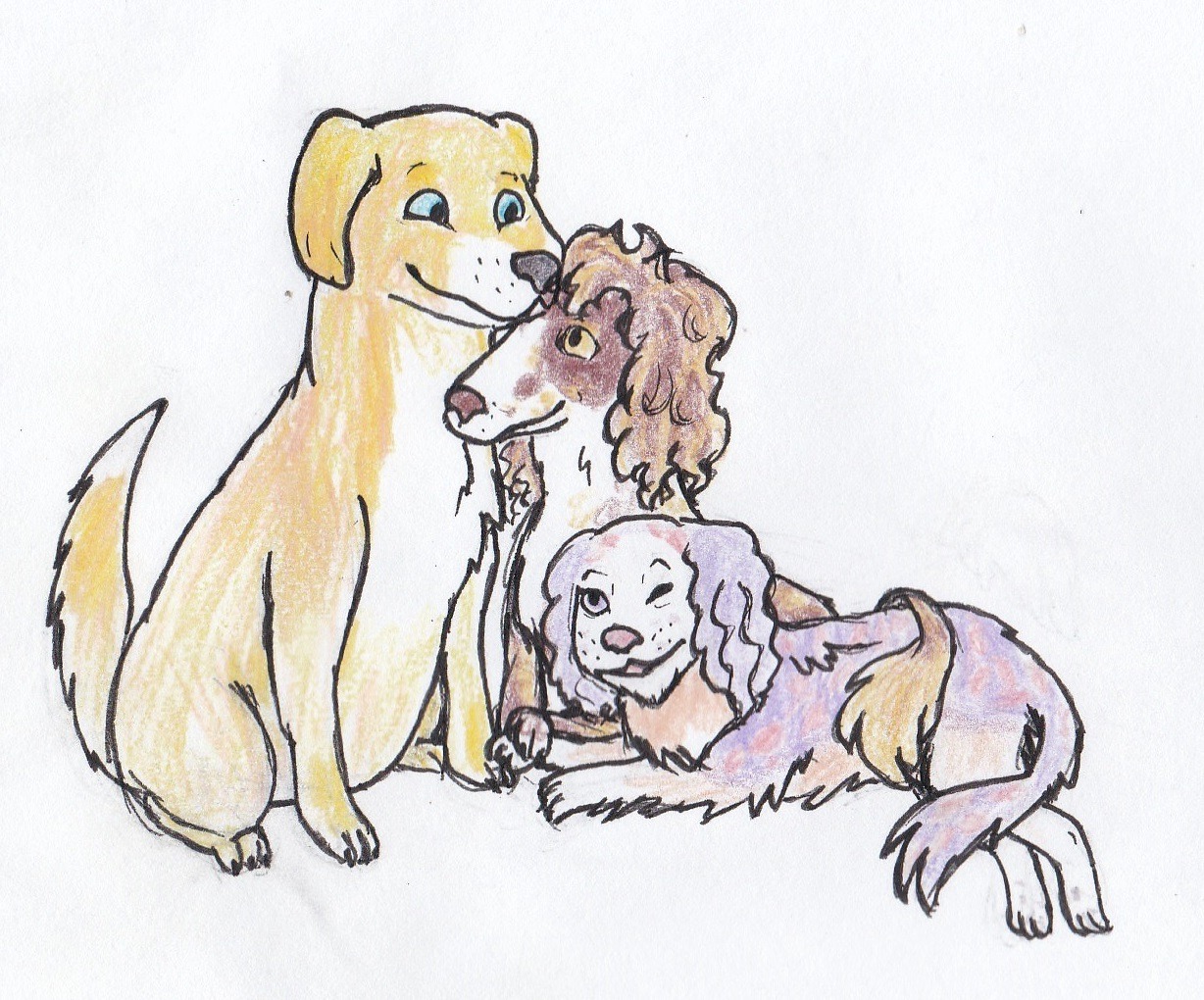 a little drawing for @goannafr of her adorable dog oc trouple Bailey the 
Labrador Retriever, Cee the Pont Audemer spaniel mix,...