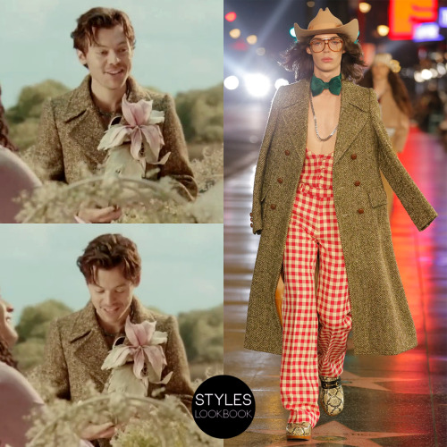 In the Late Night Talking music video, Harry is wearing a Gucci herringbone coat from their Pre-Fall