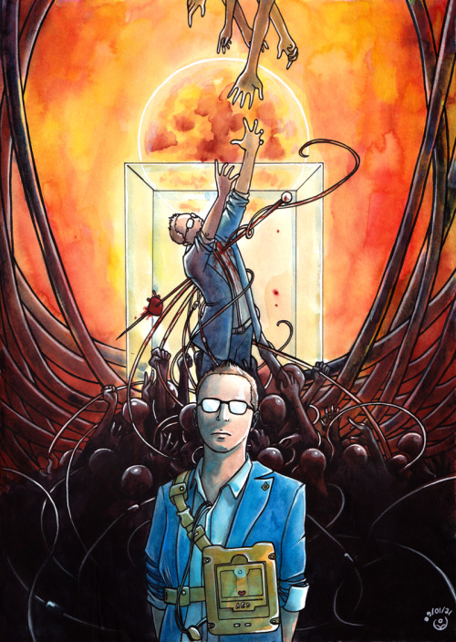 johannesviii:[Death Stranding fanart in blue and red/orange tones. Heartman standing in front of a d