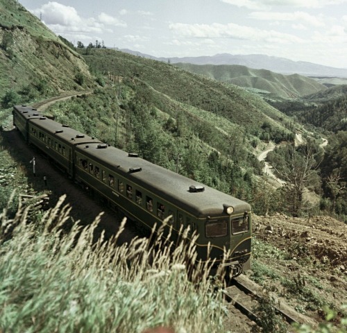 sovietpostcards:Diesel train going from Yuzhno-Sakhalinsk to Kholmsk (Russian Far East), 1961