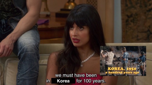 A series of screencaps from The Good Place episode “Jeremy Bearimy” with edited subtitles. Tahani says “We must have been in Korea for 100 years.” There’s an inset establishing shot from the pilot episode of MASH with the subtitle “KOREA, 1950, a hundred years ago.”
