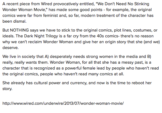 fandomsandmisandry:  gailsimone:  shakeytime:  6 Reasons We Need A Wonder Woman Movie       
