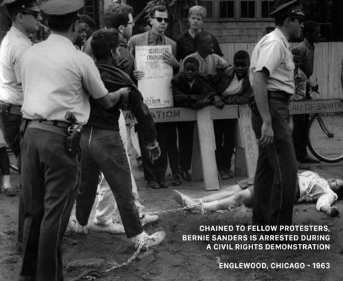 ms-cellanies:  decembersoul: 1. Bernie Sanders marching with Dr. King in Selma, Alabama 2. Bernie Sander being arrested for defying a folk music ban in Washington Square Park. 3.   Bernie Sanders being arrested for protesting racial segregation (Chicago,