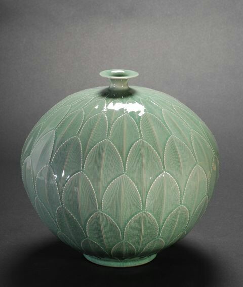 waternymphlovesdante: Water Jar, Korean “Celadon” vase with lotus leaves. Celadon is a t