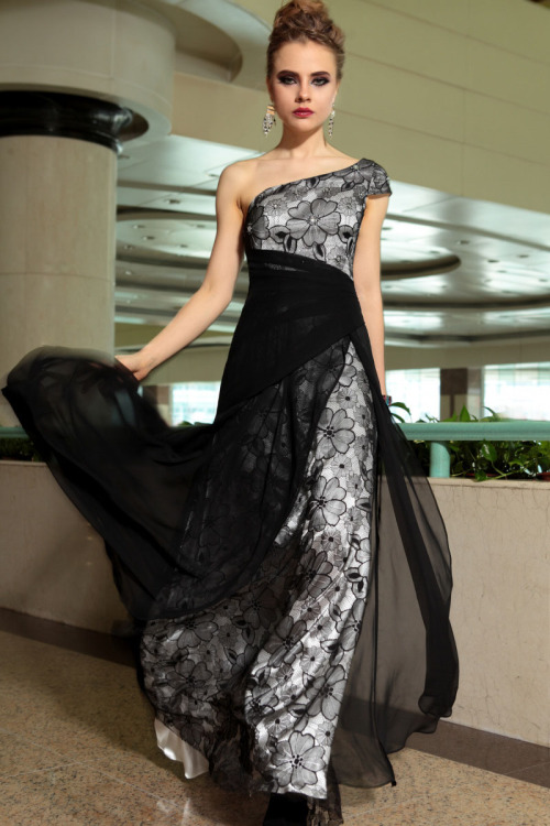 Black Floral Asymmetrical Neck One Shoulder A-Line Long Formal Dress