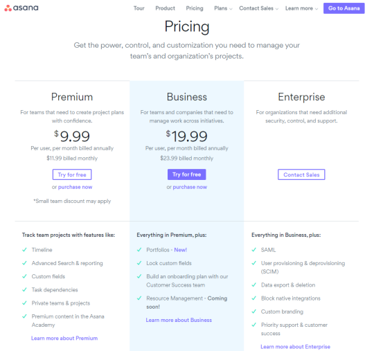 Asana pricing screenshot