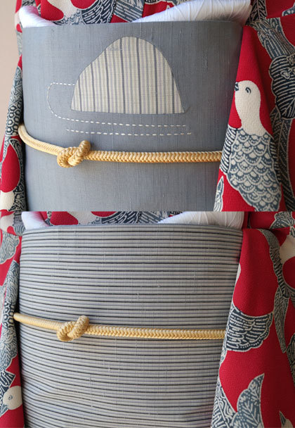 Lovely bird kimono paired with a naive (patchwork+sachiko) dry garden motif obi, seen on