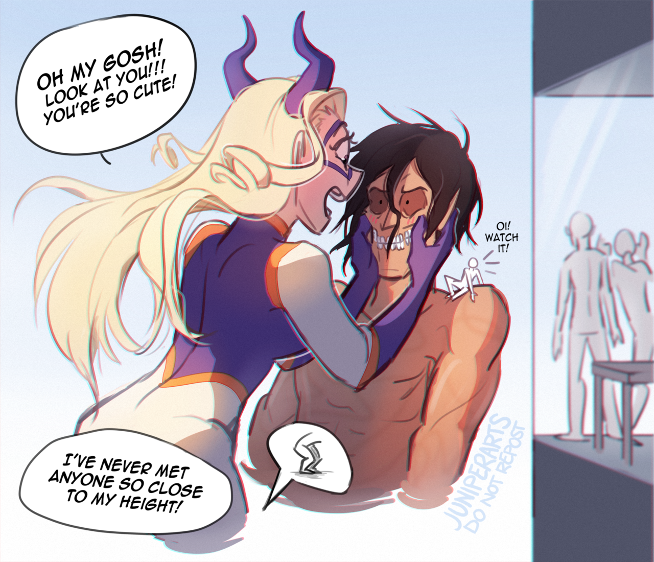 juniperarts:  Mt. Lady is 67.7ft tall and Eren’s titan is 49ft. The height difference