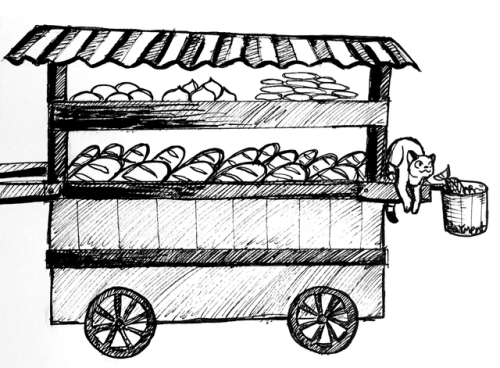 The baker pushes his bread cart into the market on a warm spring morning, ready to make some good sa