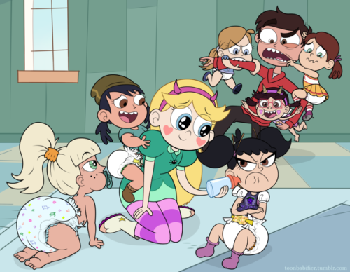 Star and Marco babysitting some of the girlsThe ones climbing on Marco are all voiced by Daron Nefcy