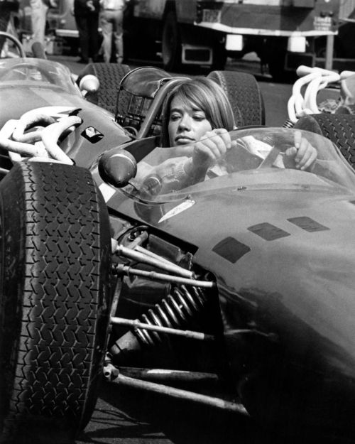 emma-adams:Francoise Hardy in a Formula One race car during the filming of Grand Prix, 1966.