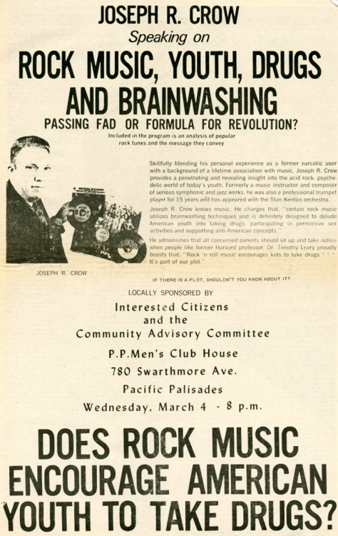 oldshowbiz:1970.The John Birch Society sponsored a lecture series titled Rock Music - Youth, Drugs and Brainwashing.